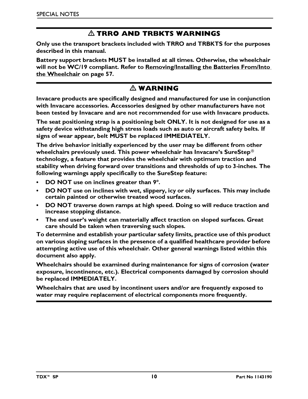 Invacare SP manual Trro and Trbkts Warnings 