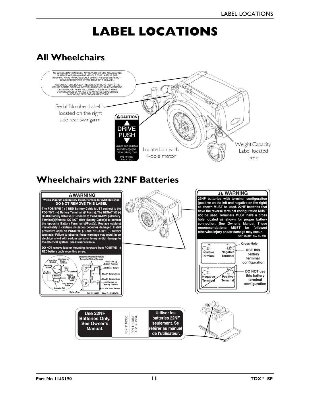 Invacare SP manual Label Locations, All Wheelchairs, Wheelchairs with 22NF Batteries 