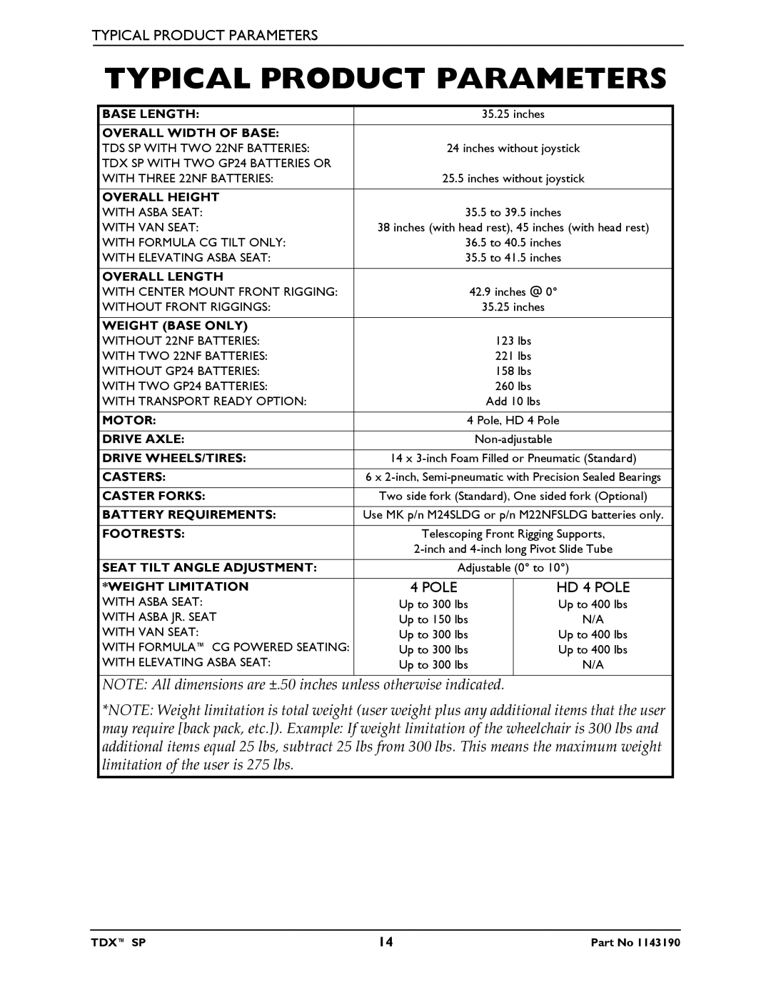 Invacare SP manual Typical Product Parameters 