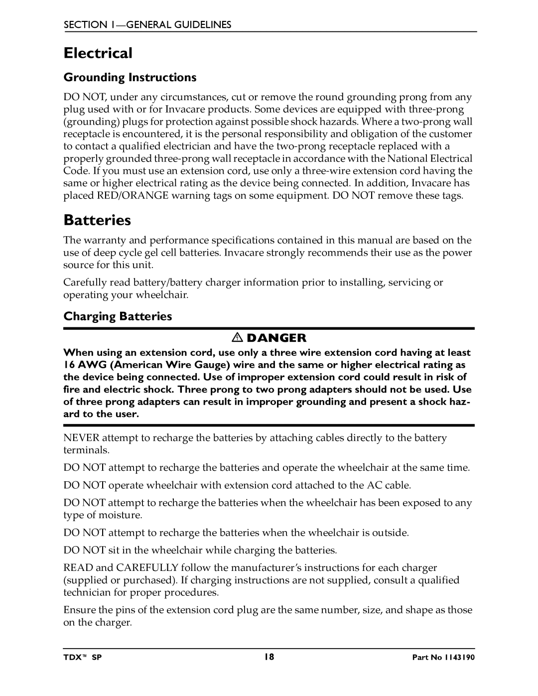 Invacare SP manual Electrical, Grounding Instructions, Charging Batteries 