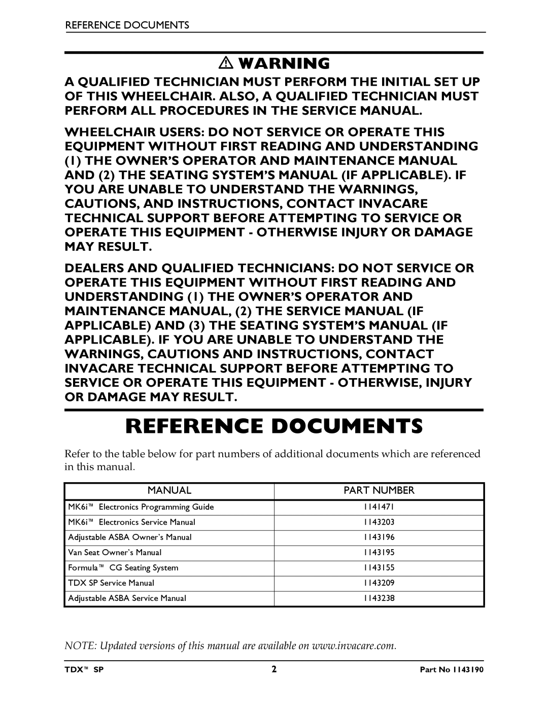 Invacare SP manual Reference Documents, Manual 