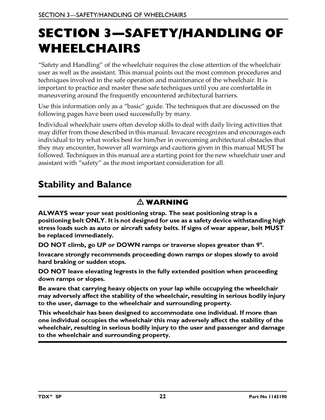 Invacare SP manual SAFETY/HANDLING of Wheelchairs, Stability and Balance 