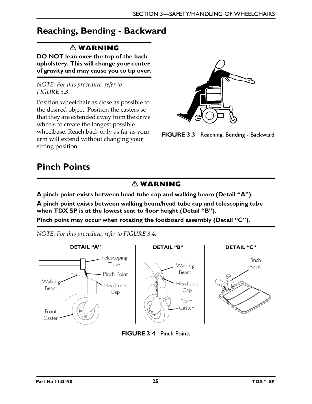 Invacare SP manual Reaching, Bending Backward, Pinch Points 