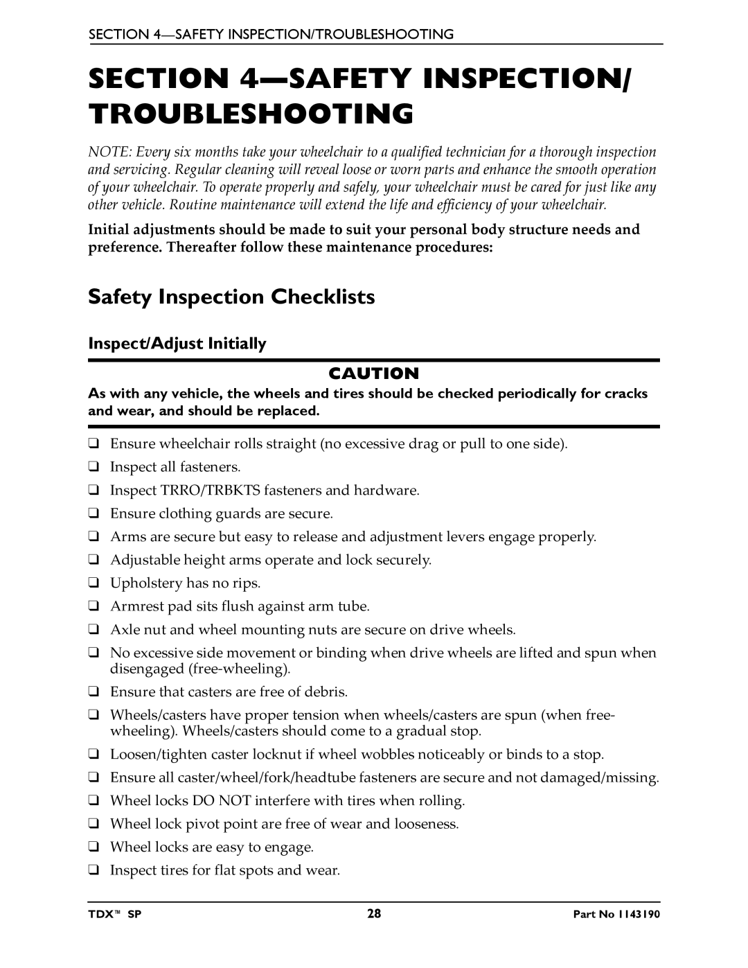 Invacare manual Safety INSPECTION/ Troubleshooting, Safety Inspection Checklists, Inspect/Adjust Initially 