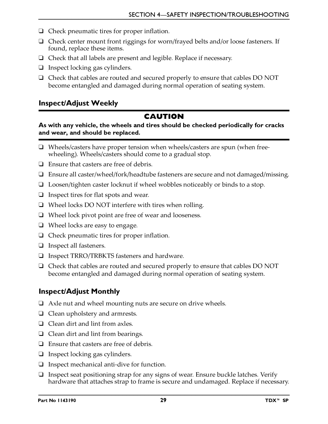 Invacare SP manual Inspect/Adjust Weekly, Inspect/Adjust Monthly 