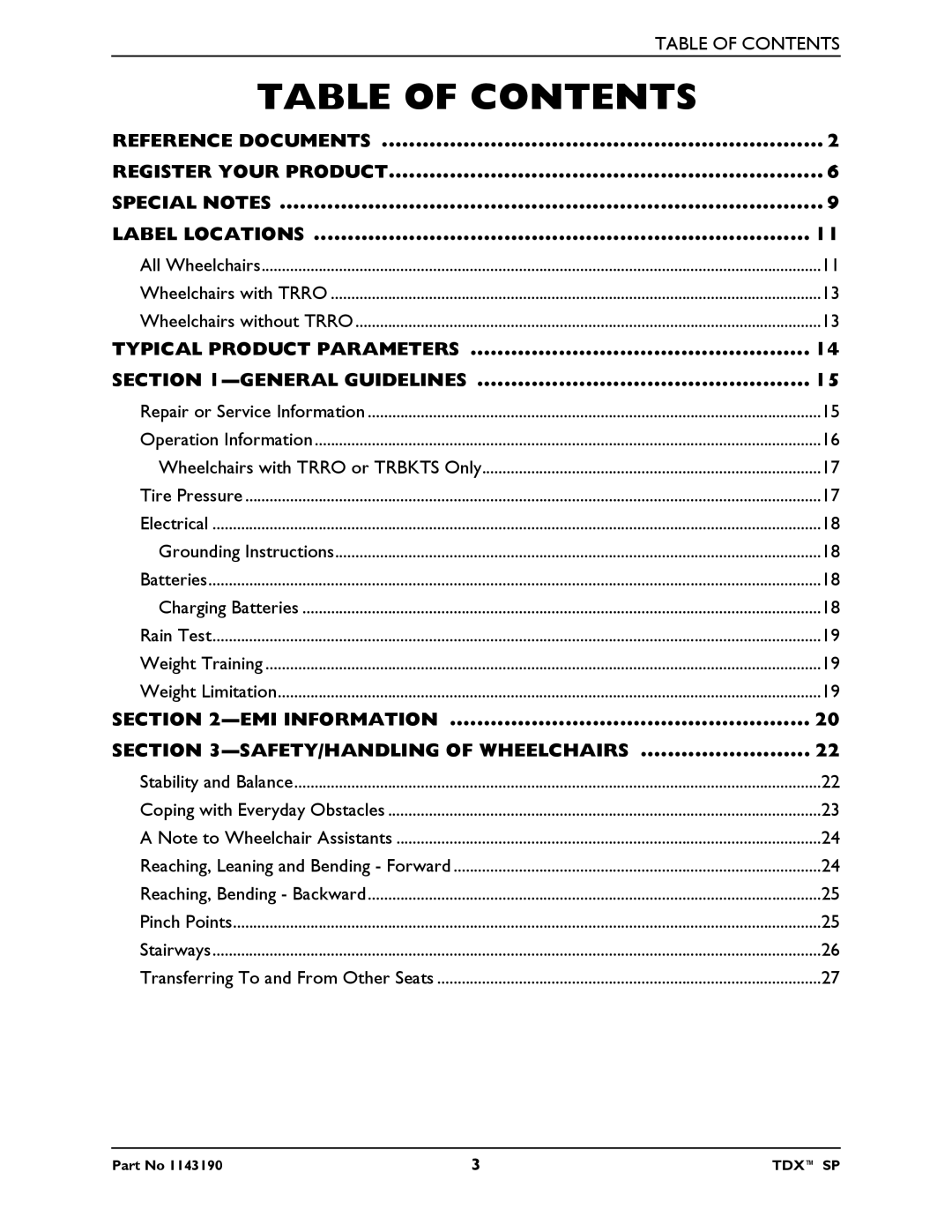 Invacare SP manual Table of Contents 