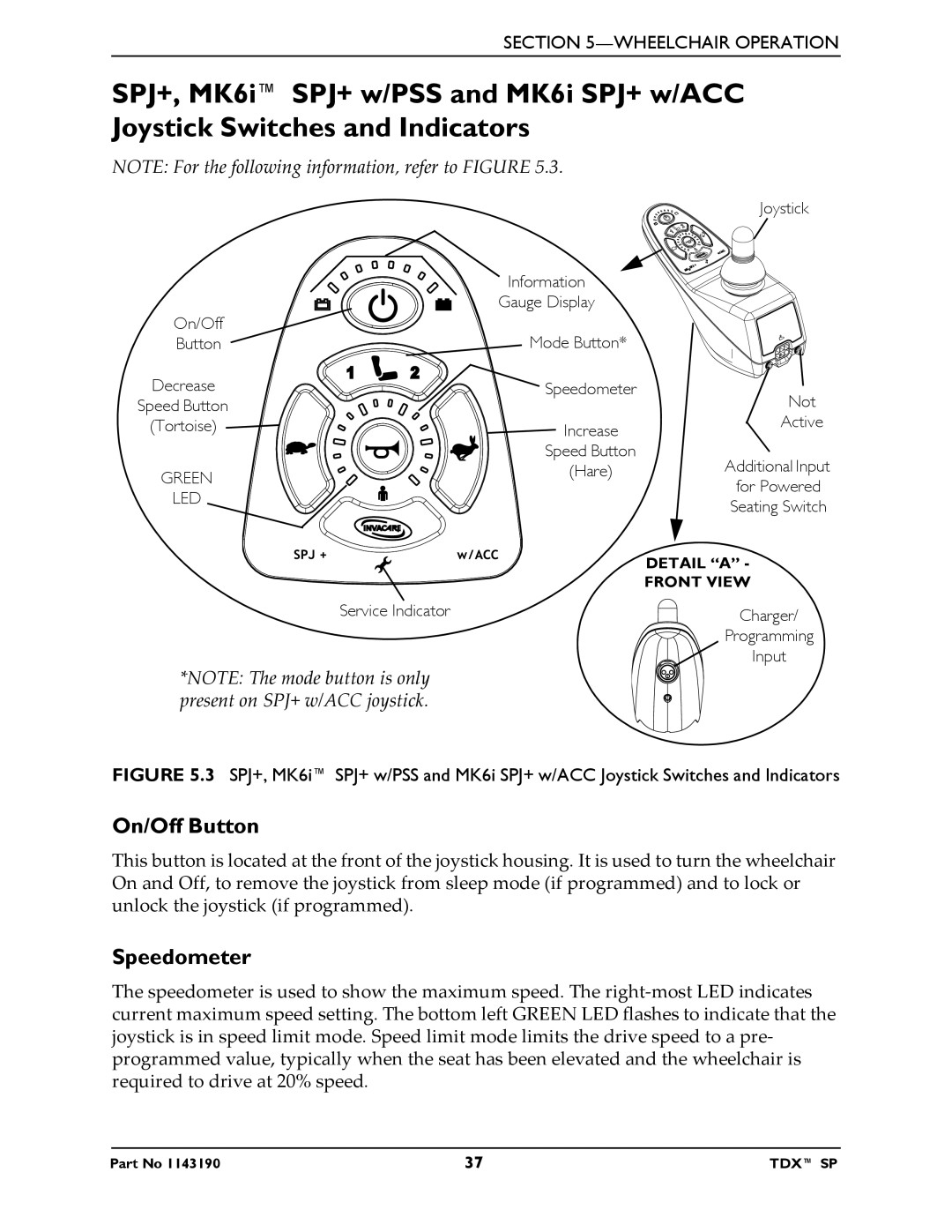 Invacare SP manual On/Off Button, Speedometer 