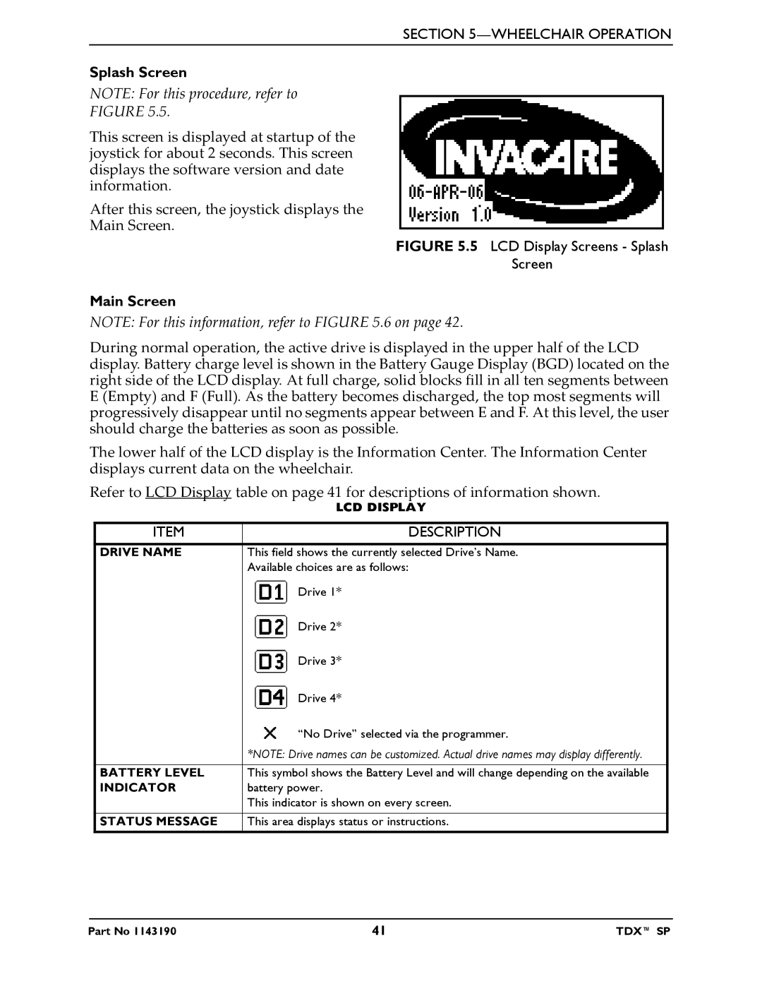 Invacare SP manual Splash Screen, Main Screen 