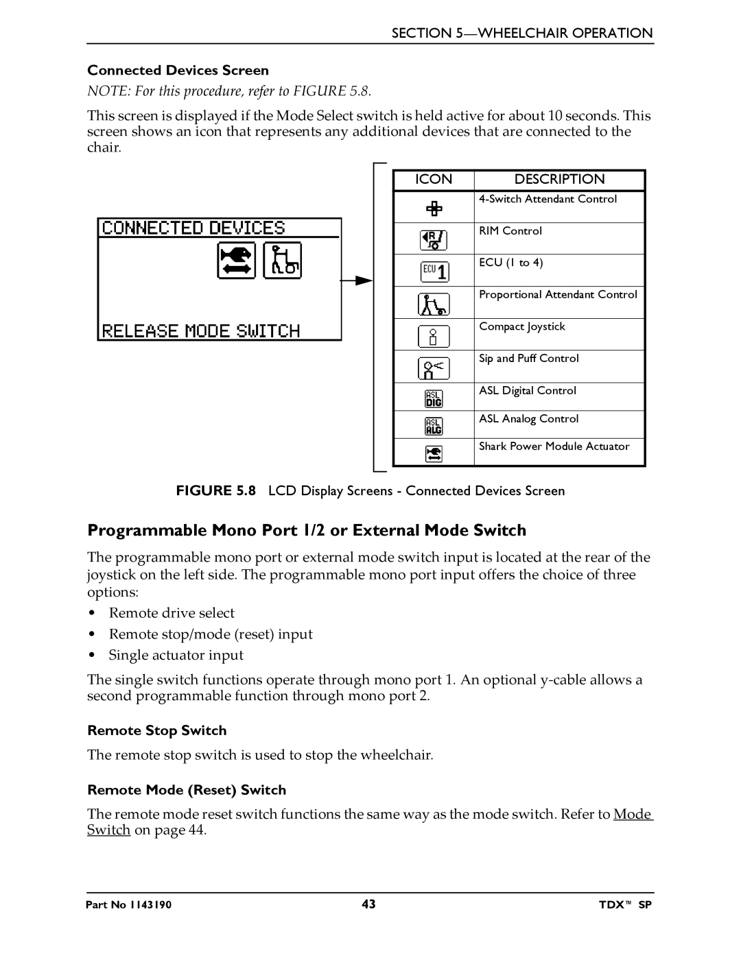 Invacare SP manual Programmable Mono Port 1/2 or External Mode Switch, Connected Devices Screen, Icon Description 