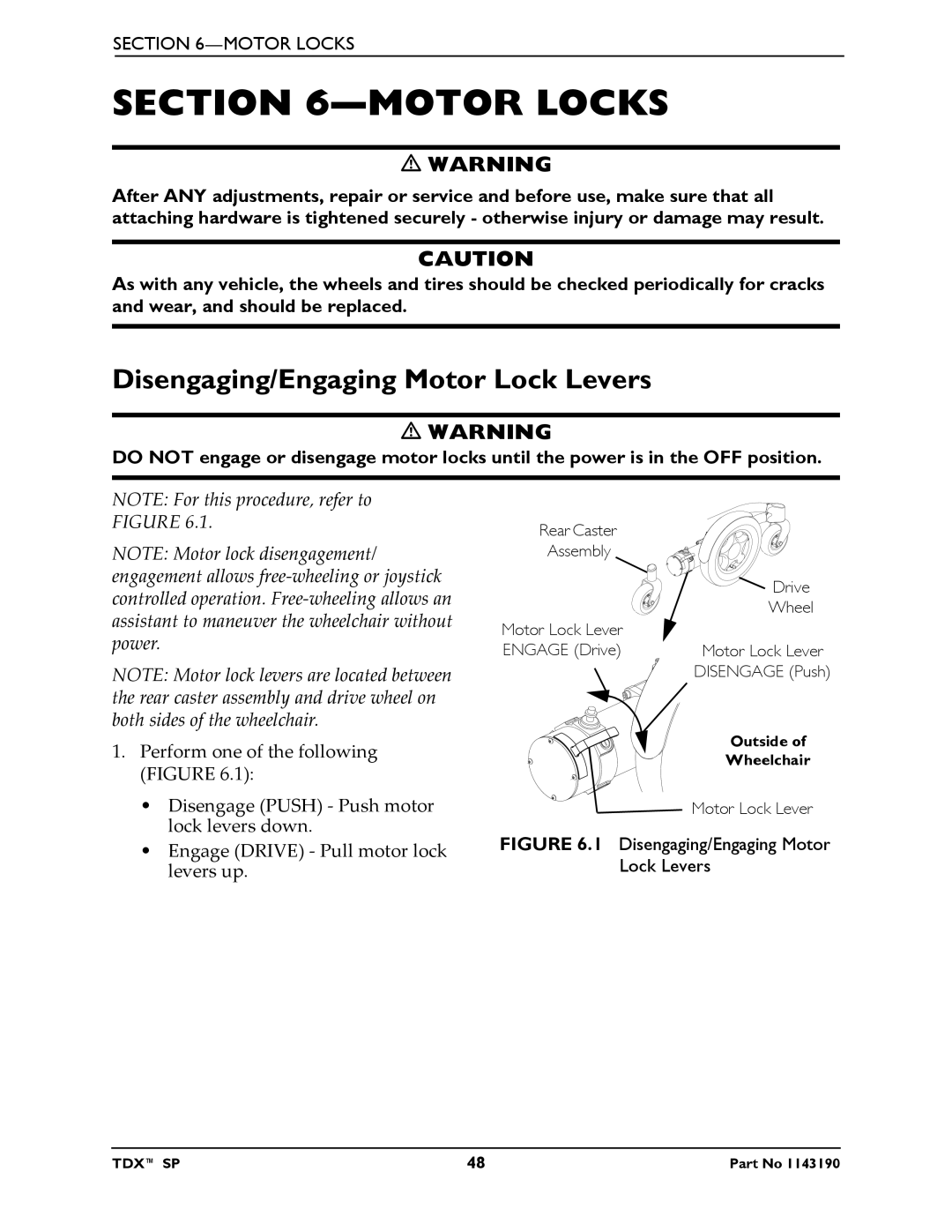 Invacare SP manual Motor Locks, Disengaging/Engaging Motor Lock Levers 