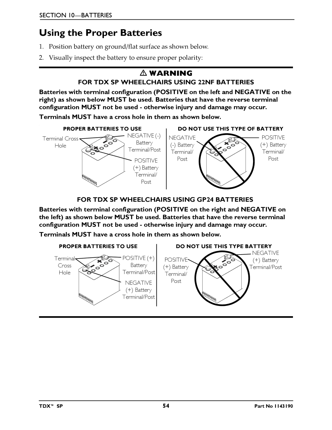 Invacare manual Using the Proper Batteries, For TDX SP Wheelchairs Using 22NF Batteries 