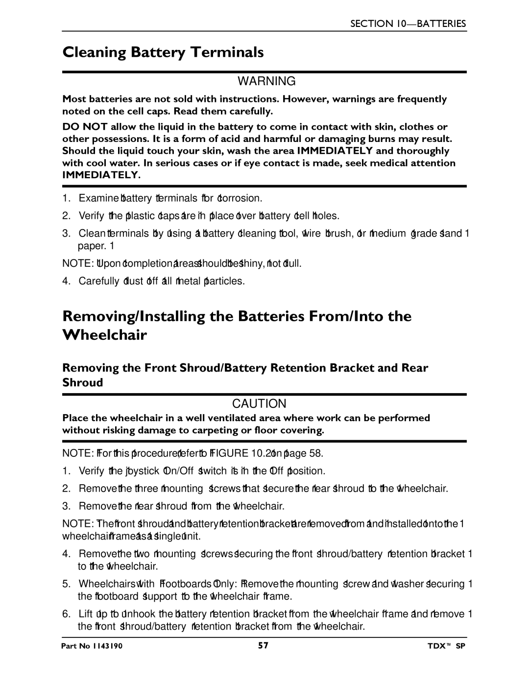 Invacare SP manual Cleaning Battery Terminals, Removing/Installing the Batteries From/Into the Wheelchair 