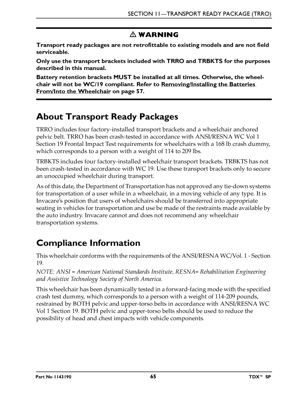 Invacare SP manual About Transport Ready Packages, Compliance Information 