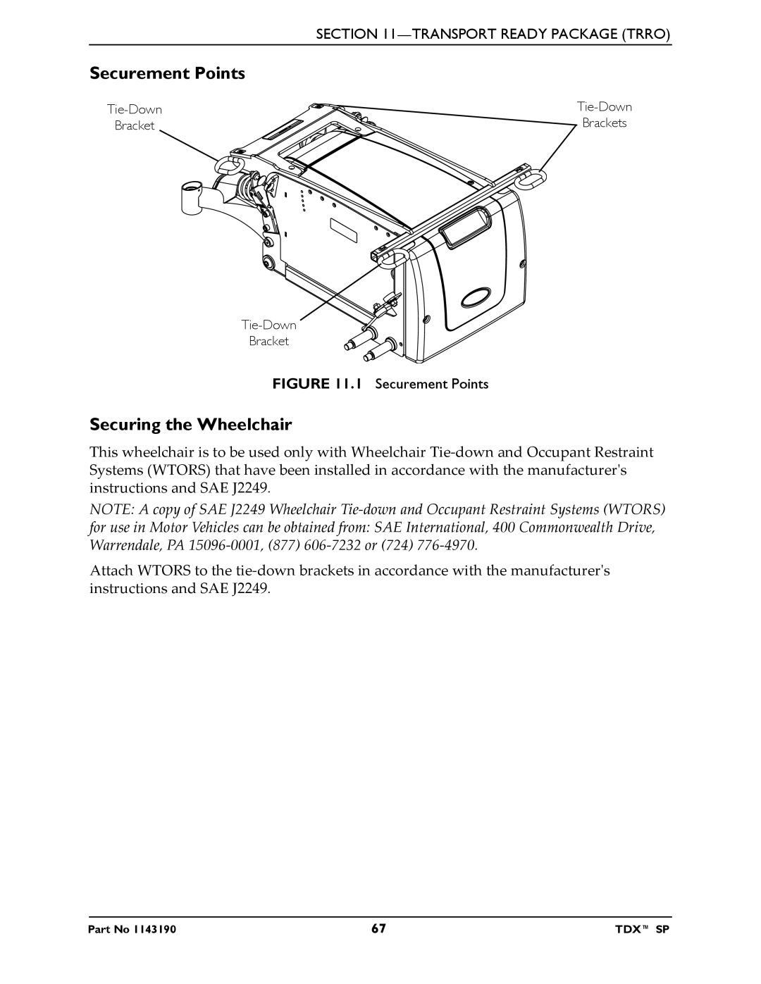 Invacare SP manual Securement Points, Securing the Wheelchair 