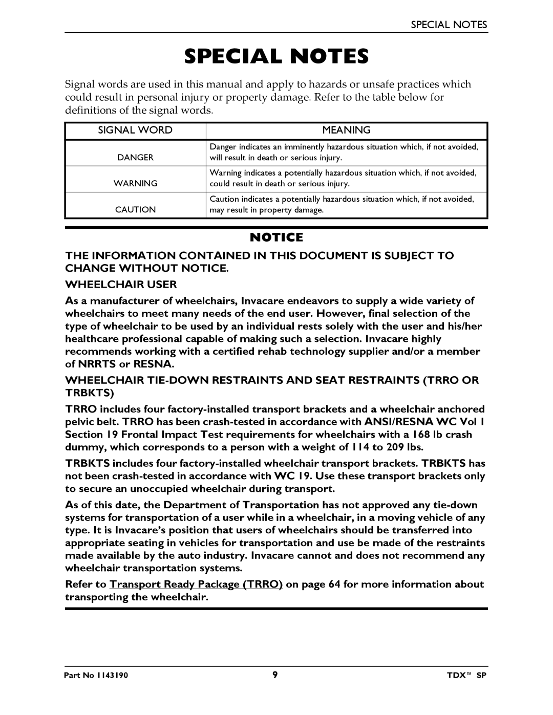 Invacare SP manual Special Notes, Meaning 