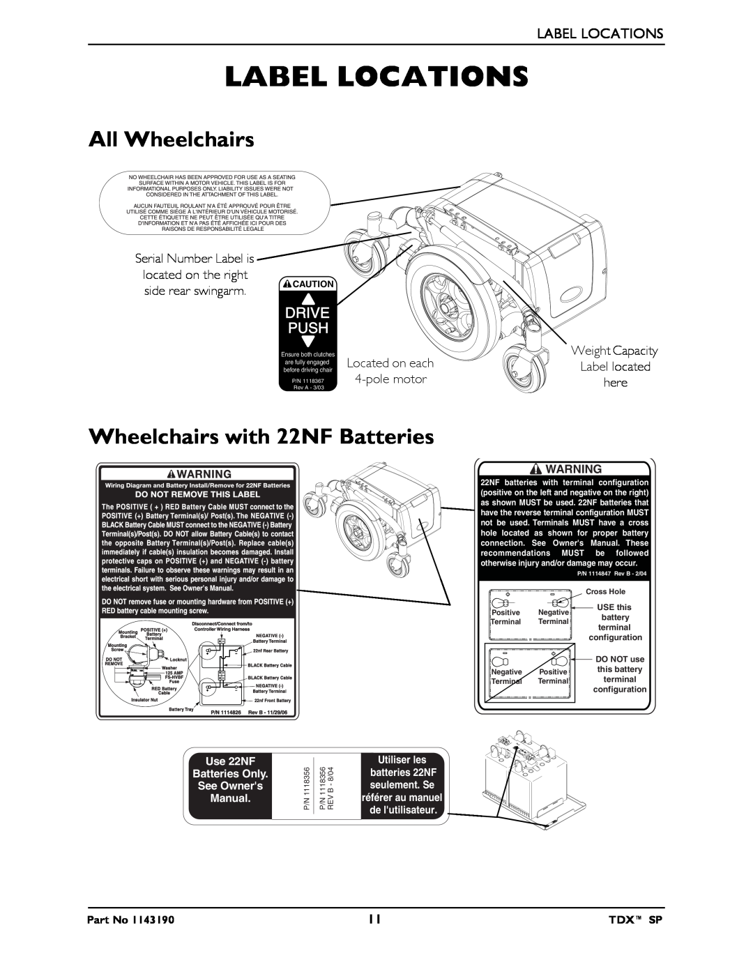 Invacare SP Label Locations, All Wheelchairs, Wheelchairs with 22NF Batteries, Drive Push, Use 22NF, Utiliser les, Manual 