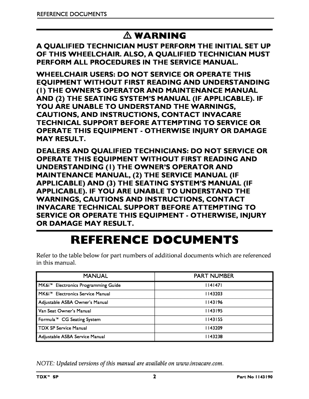 Invacare SP manual Reference Documents, Manual 