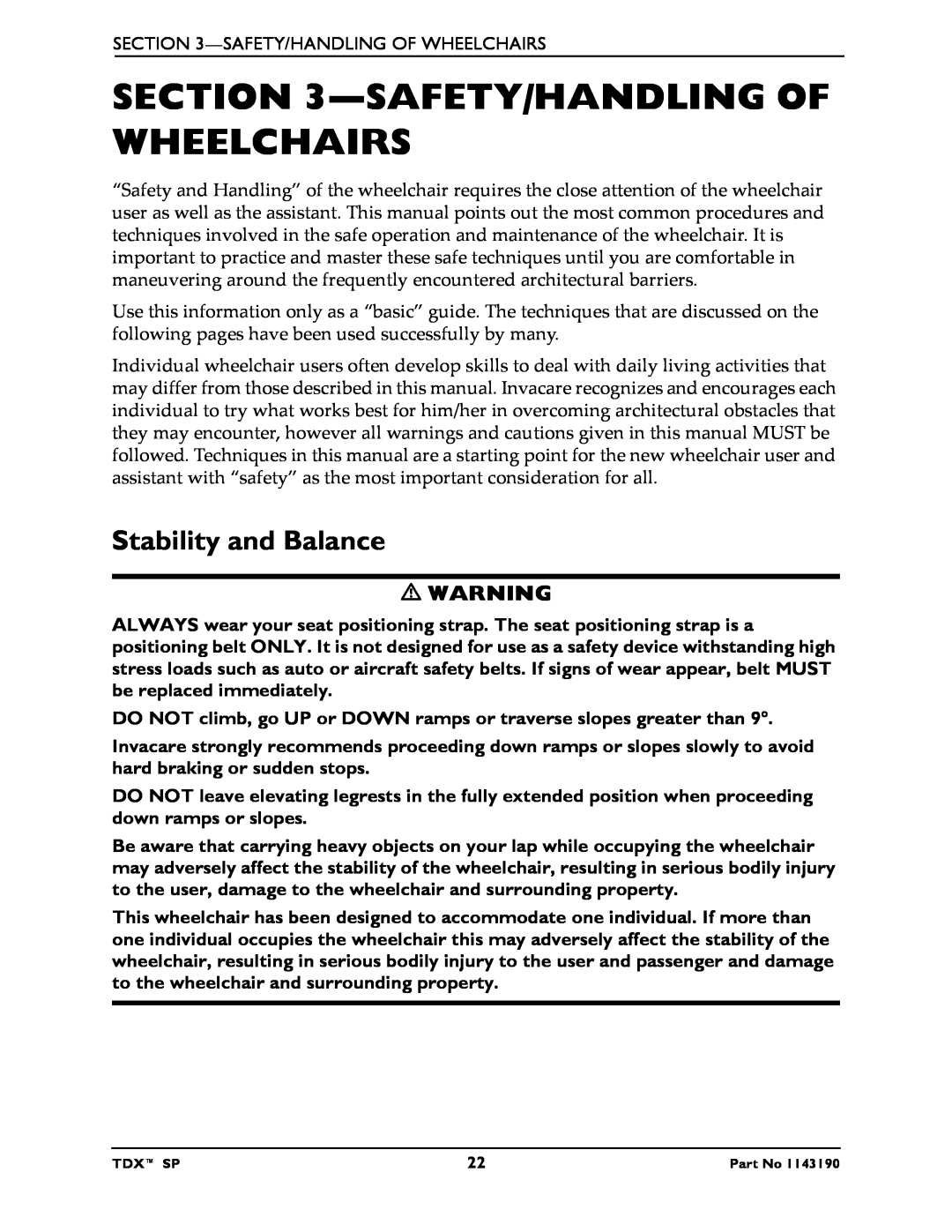 Invacare SP manual Safety/Handling Of Wheelchairs, Stability and Balance 