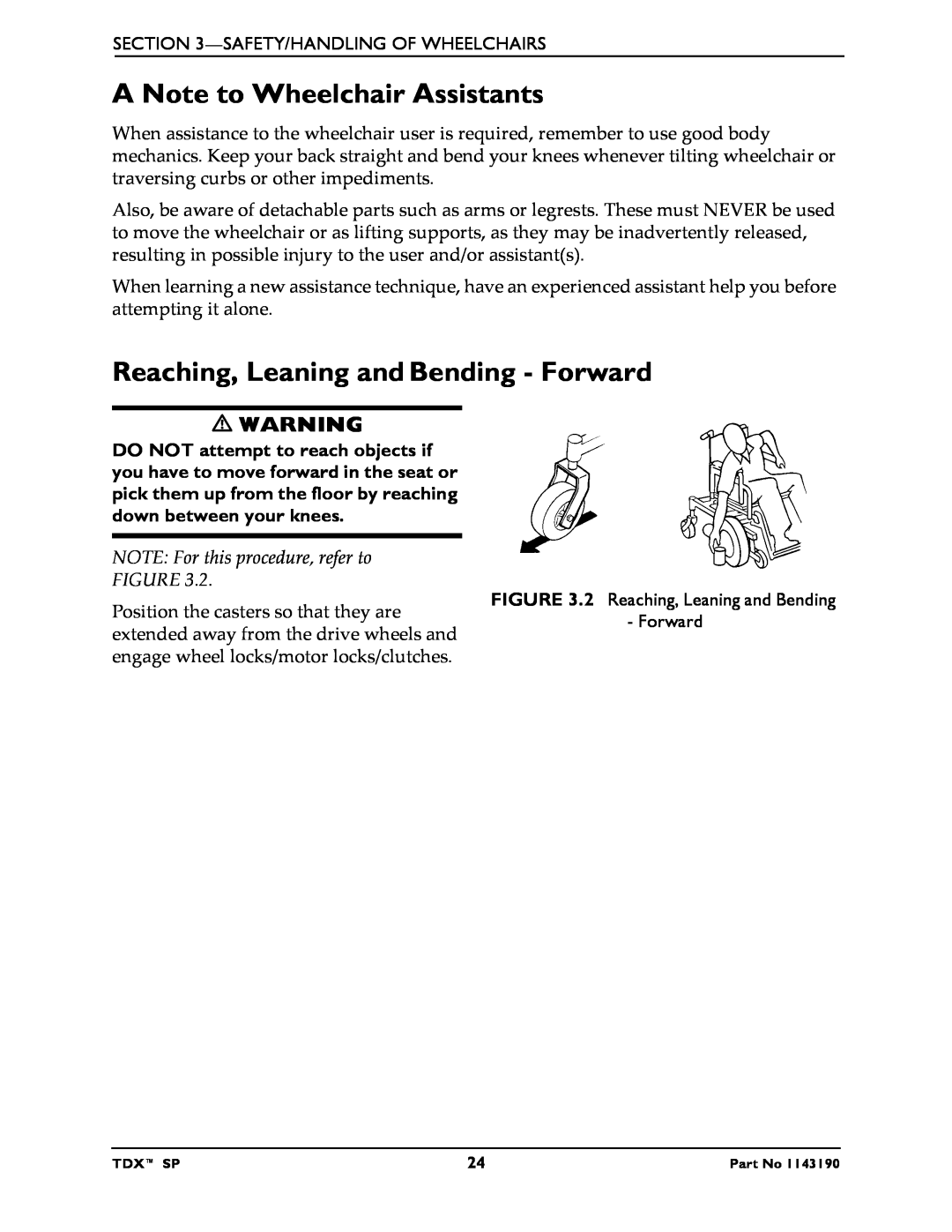 Invacare SP A Note to Wheelchair Assistants, Reaching, Leaning and Bending - Forward, NOTE For this procedure, refer to 