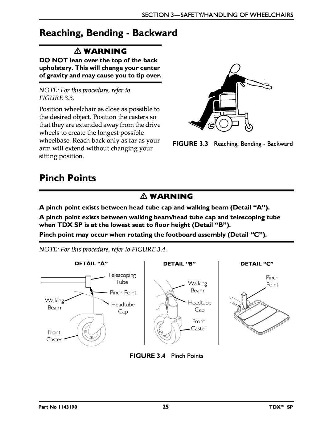 Invacare SP manual Reaching, Bending - Backward, Pinch Points, NOTE For this procedure, refer to 