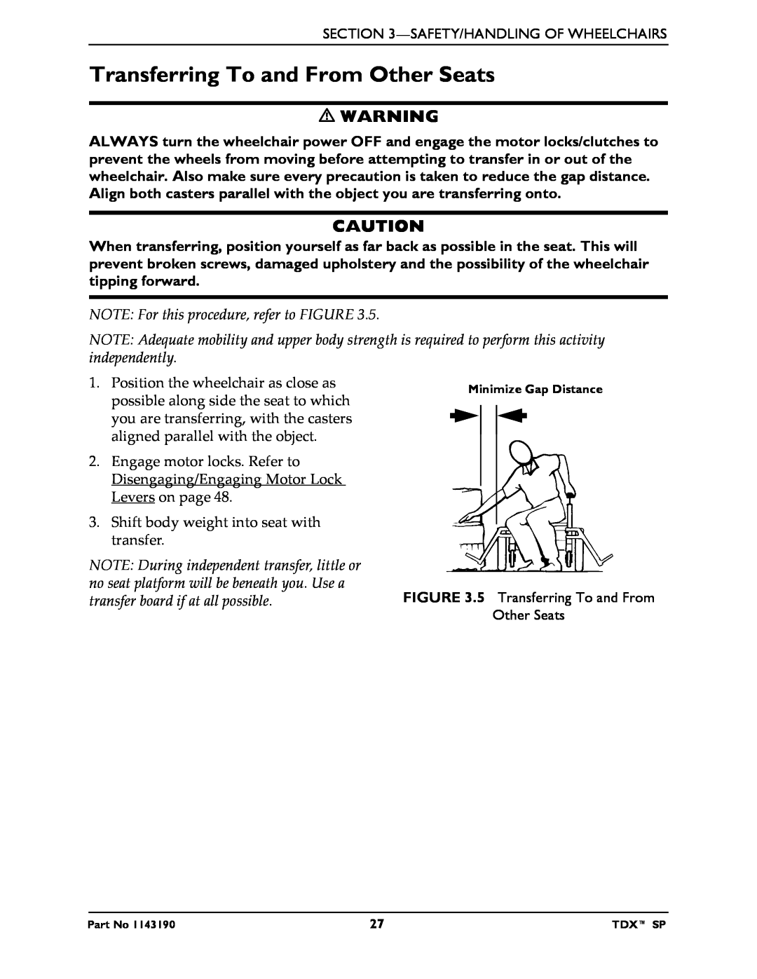 Invacare SP manual Transferring To and From Other Seats, NOTE For this procedure, refer to FIGURE 