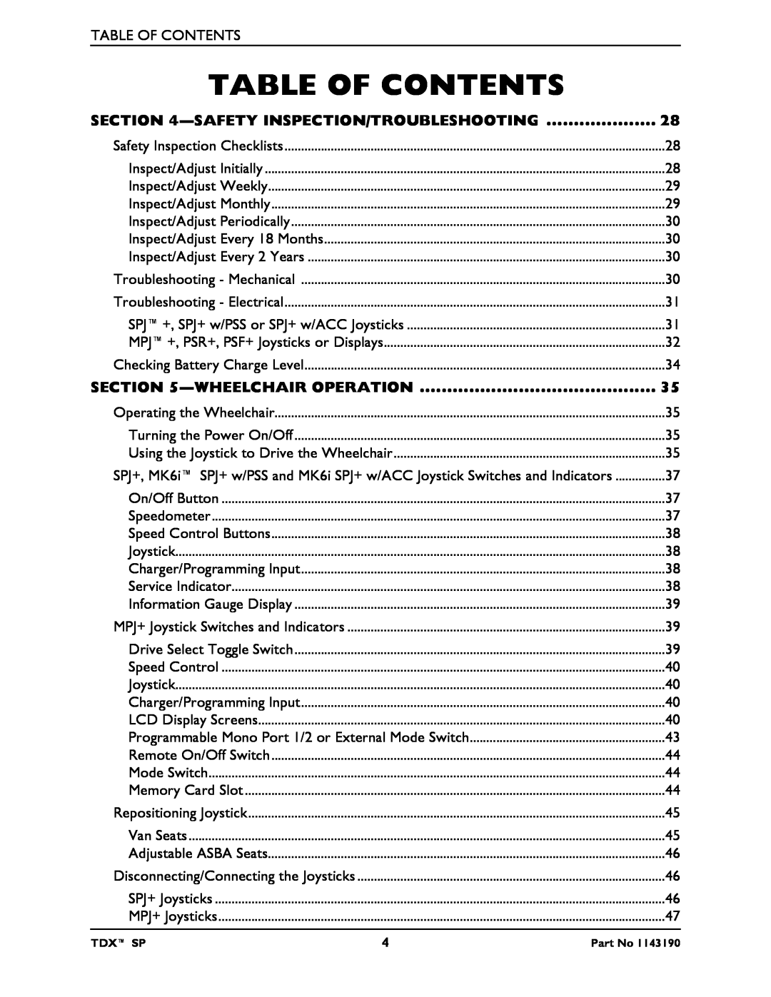Invacare SP manual Table Of Contents, Safety Inspection/Troubleshooting, Wheelchair Operation 