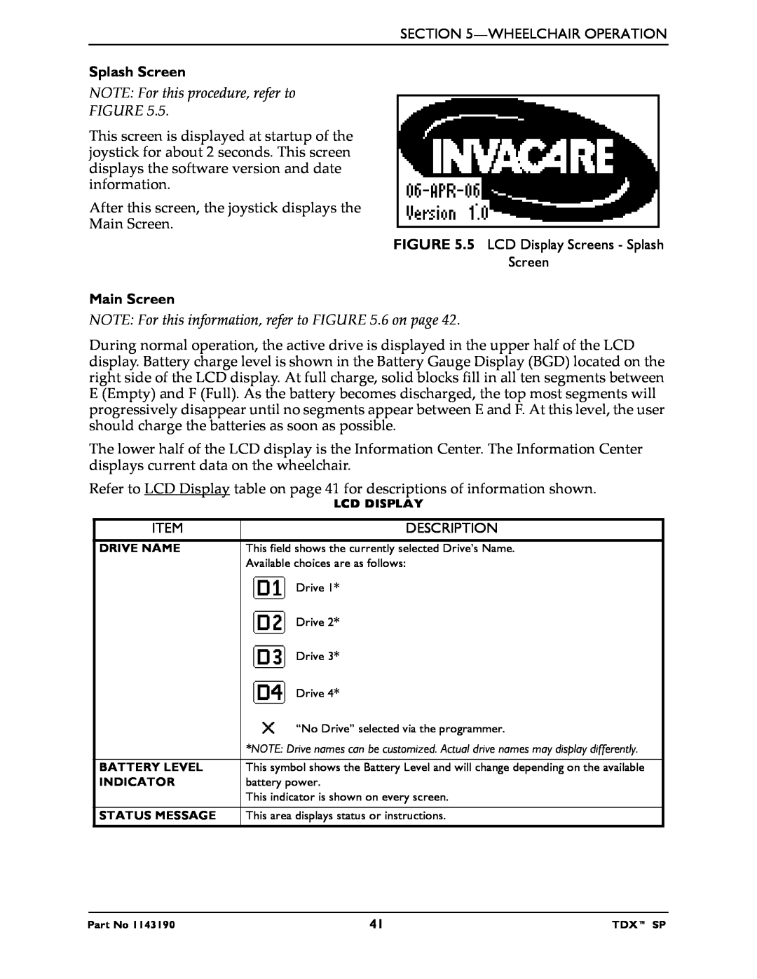 Invacare SP Splash Screen, NOTE For this procedure, refer to, Main Screen, NOTE For this information, refer to .6 on page 