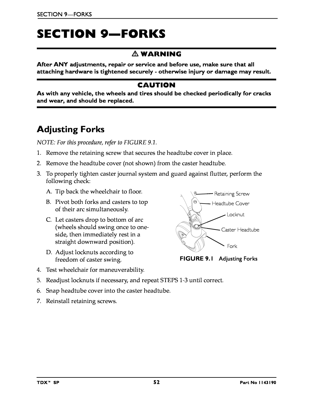 Invacare SP manual Adjusting Forks, NOTE For this procedure, refer to FIGURE 