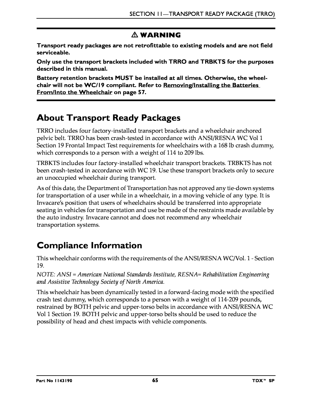 Invacare SP manual About Transport Ready Packages, Compliance Information 