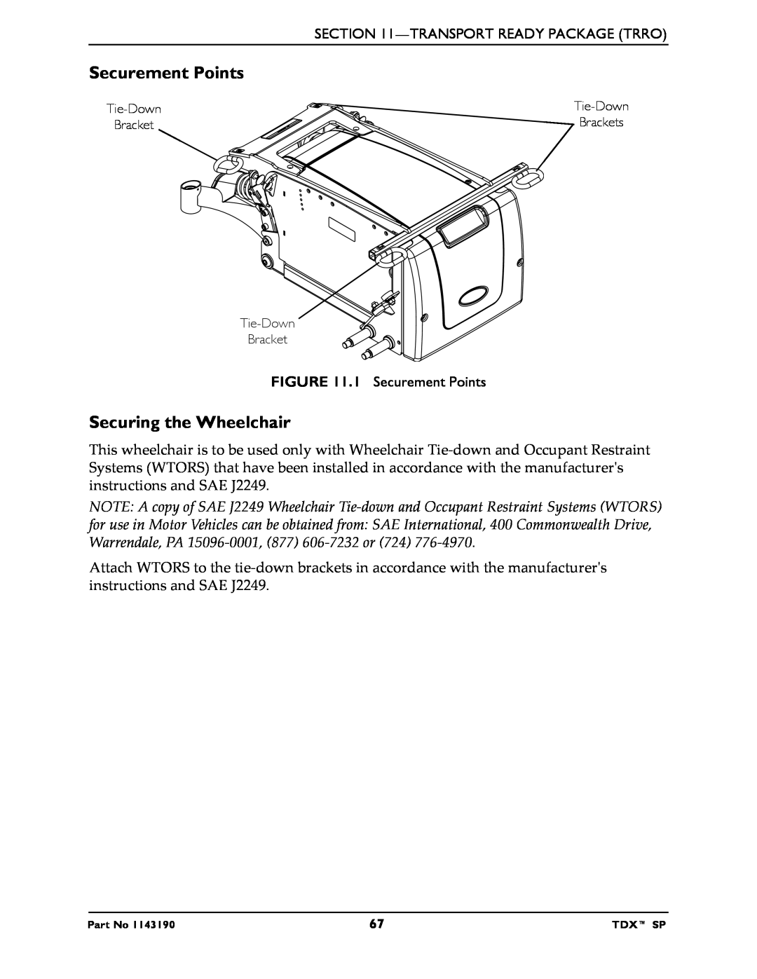 Invacare SP manual Securing the Wheelchair, 1 Securement Points 