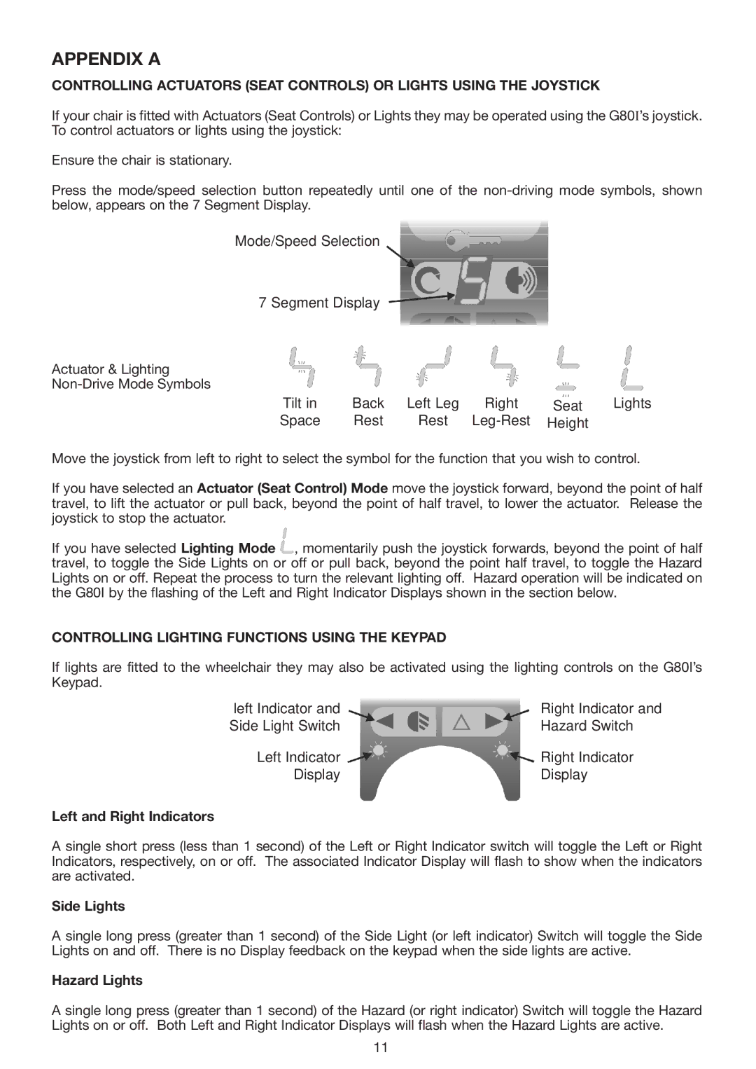 Invacare Spectra Plus Appendix a, Controlling Lighting Functions Using the Keypad, Left and Right Indicators, Side Lights 