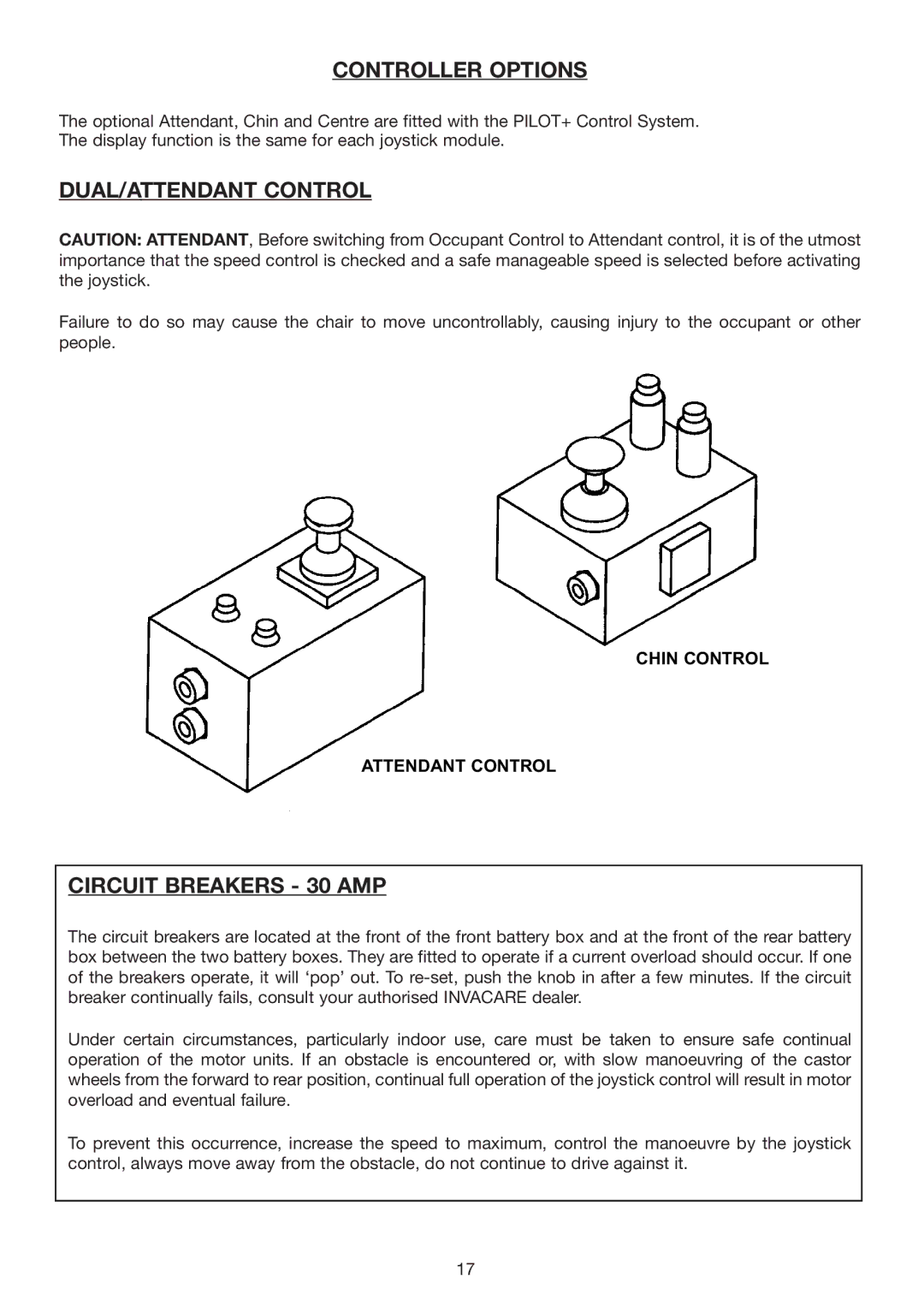 Invacare Spectra Plus Controller Options, DUAL/ATTENDANT Control, Circuit Breakers 30 AMP, Chin Control Attendant Control 