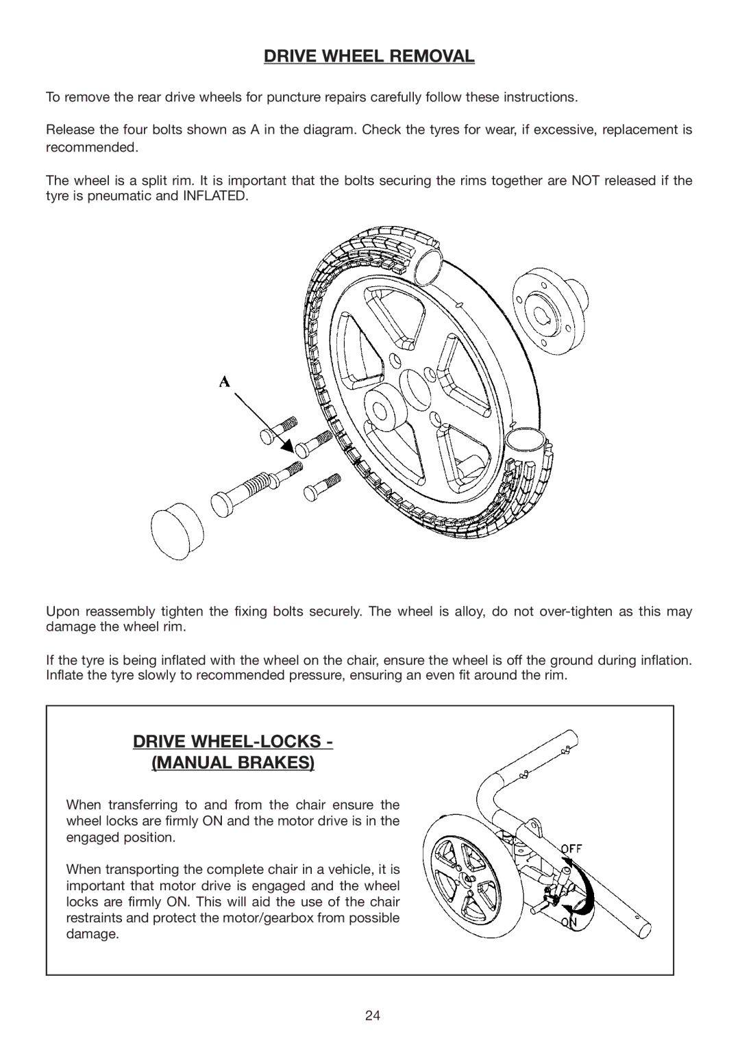 Invacare Spectra Plus user manual Drive Wheel Removal, Drive WHEEL-LOCKS Manual Brakes 