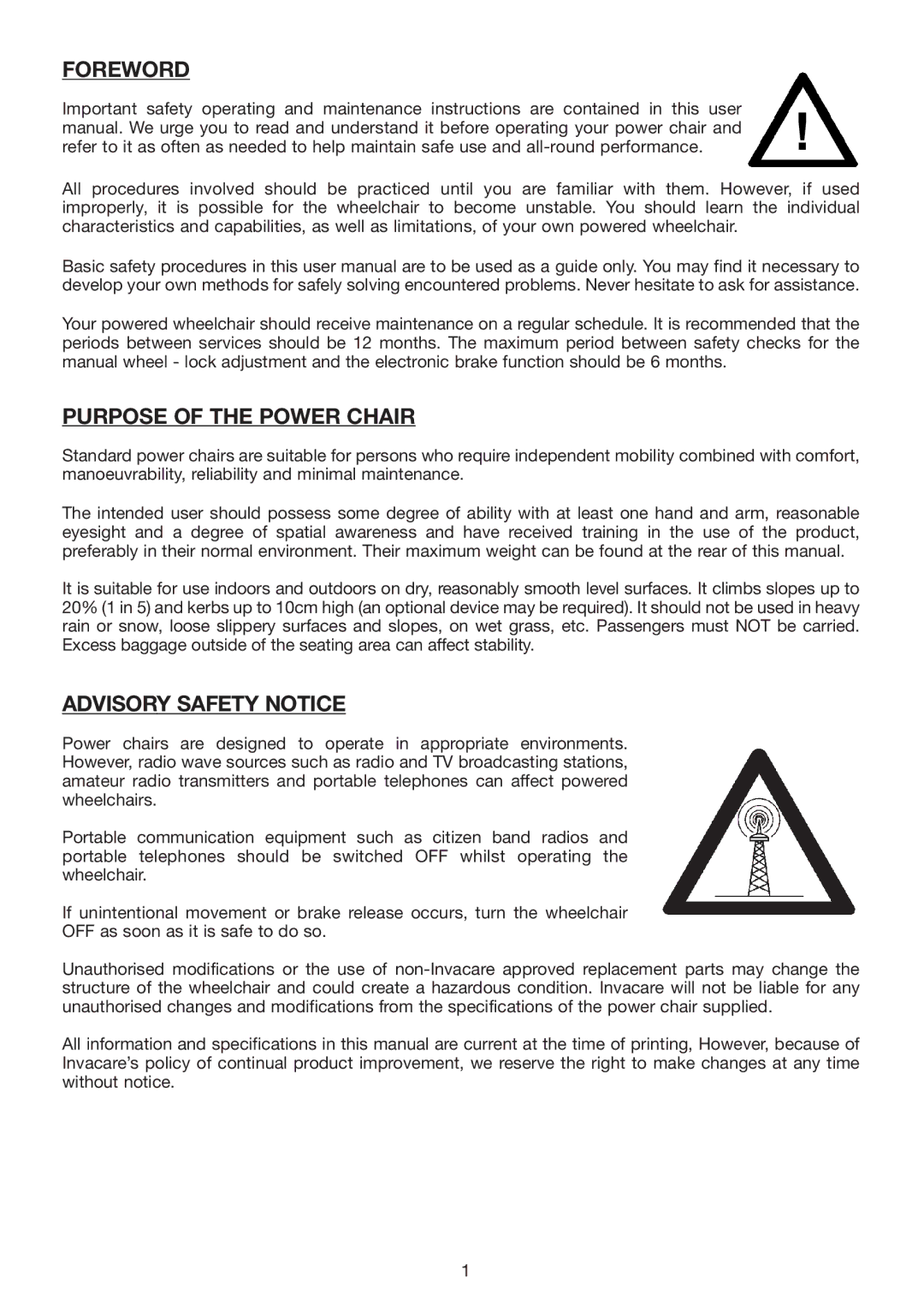 Invacare Spectra Plus user manual Foreword, Purpose of the Power Chair, Advisory Safety Notice 