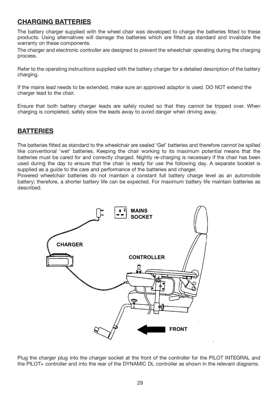 Invacare Spectra Plus user manual Charging Batteries, Mains Socket Charger Controller Front 