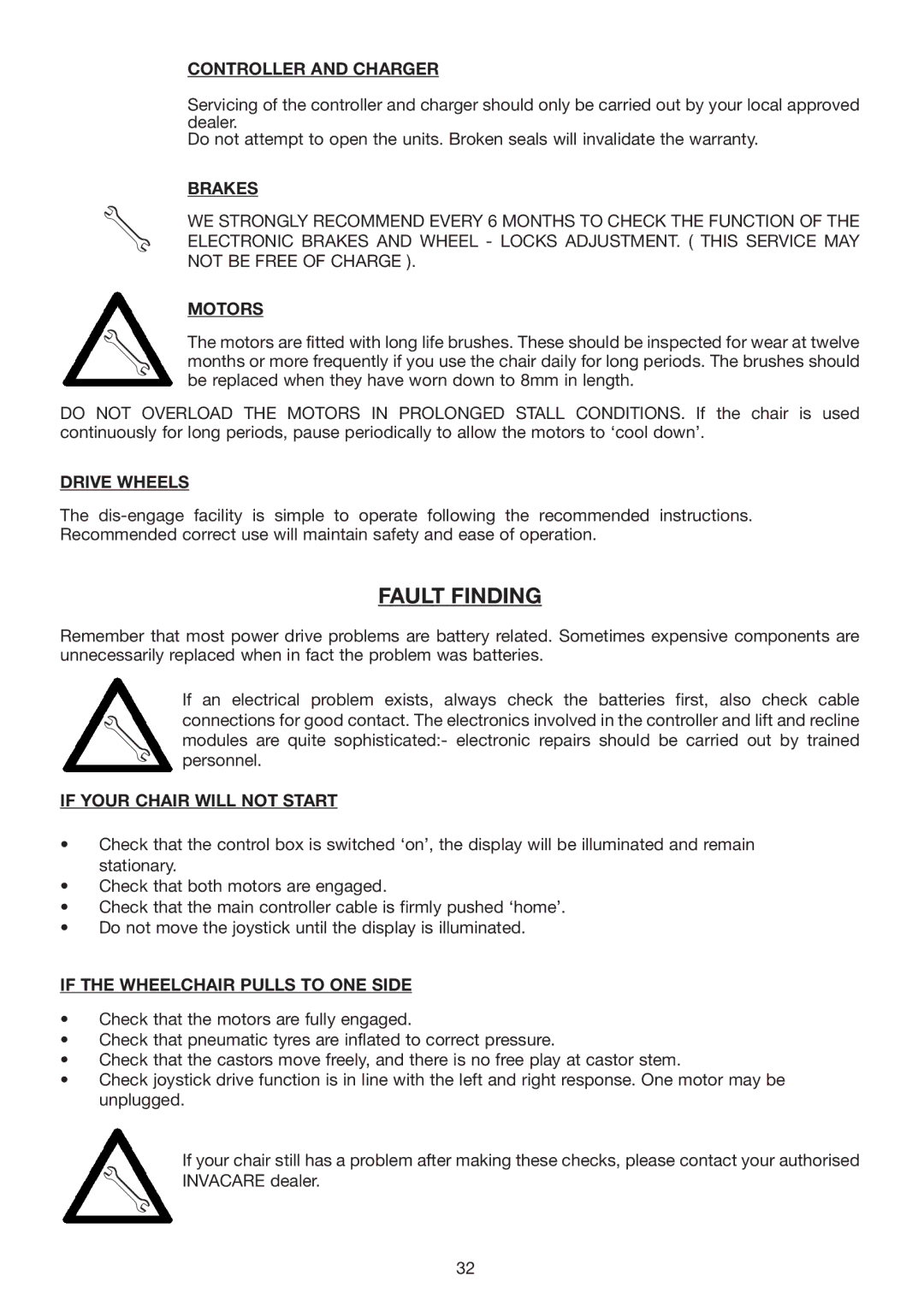 Invacare Spectra Plus user manual Fault Finding 