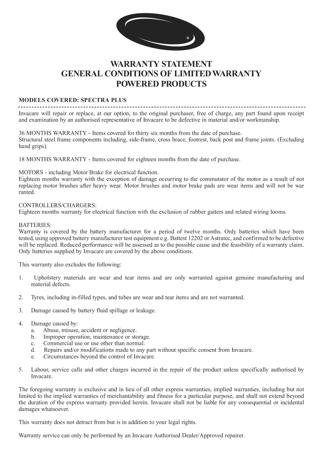 Invacare user manual Models Covered Spectra Plus 