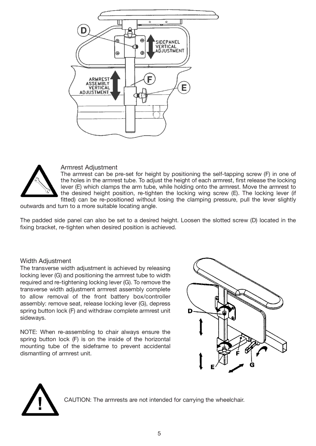 Invacare Spectra Plus user manual Armrest Adjustment 