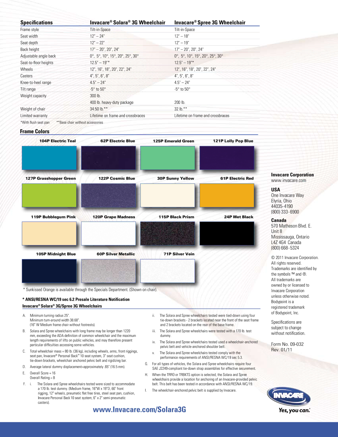 Invacare Spree 3G, Solara 3G manual Specifications 