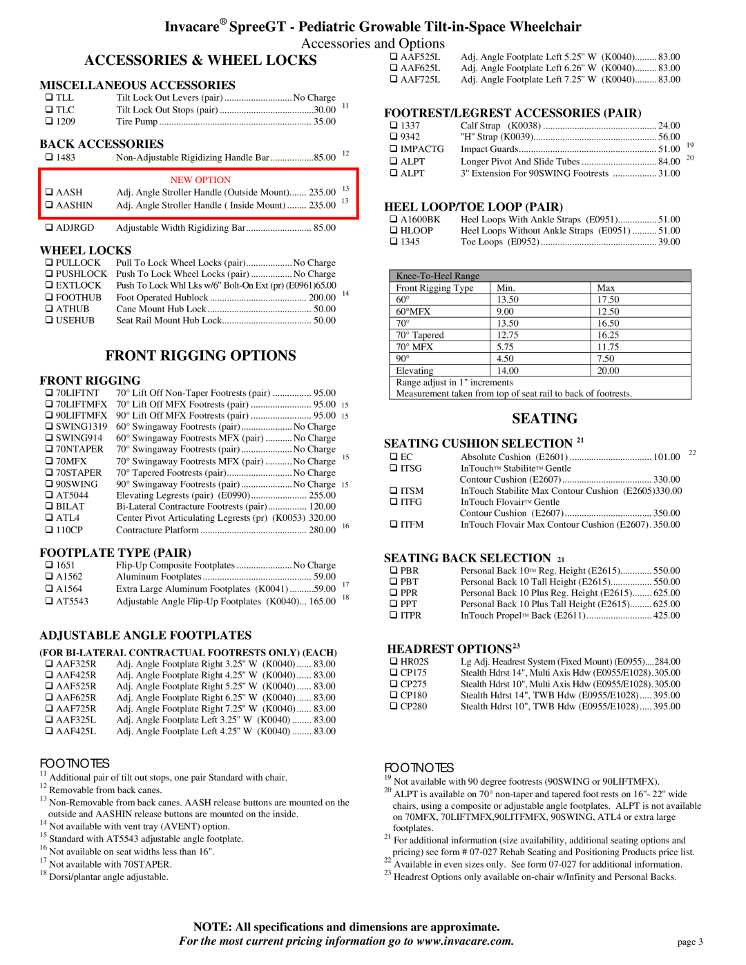 Invacare Spree GT specifications Accessories & Wheel Locks, Front Rigging Options, Seating 