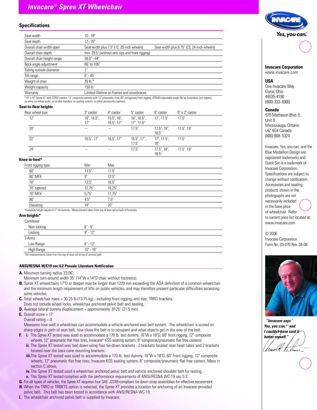 Invacare Spree XT manual Specifications, Invacare Corporation, Canada 