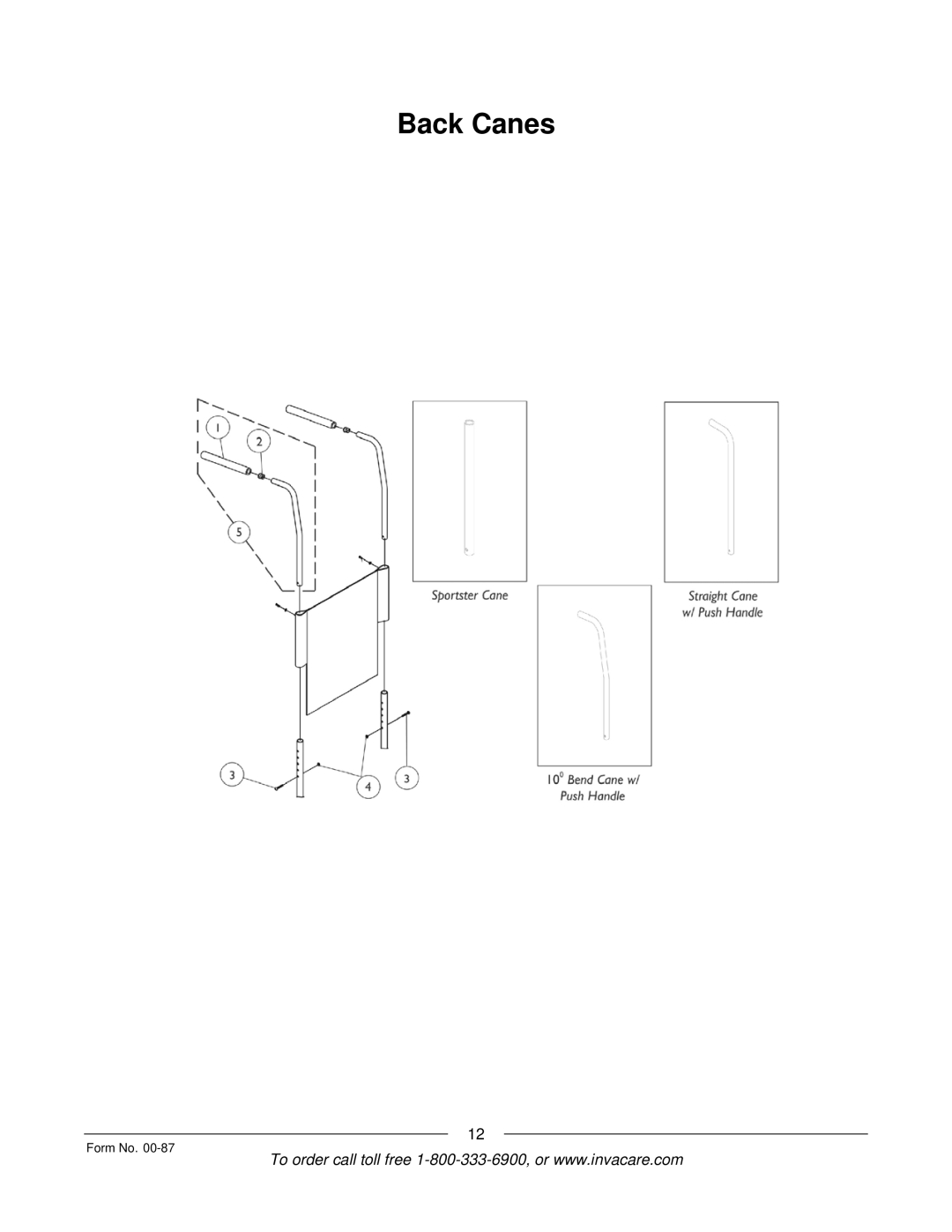 Invacare Spyder manual Back Canes 