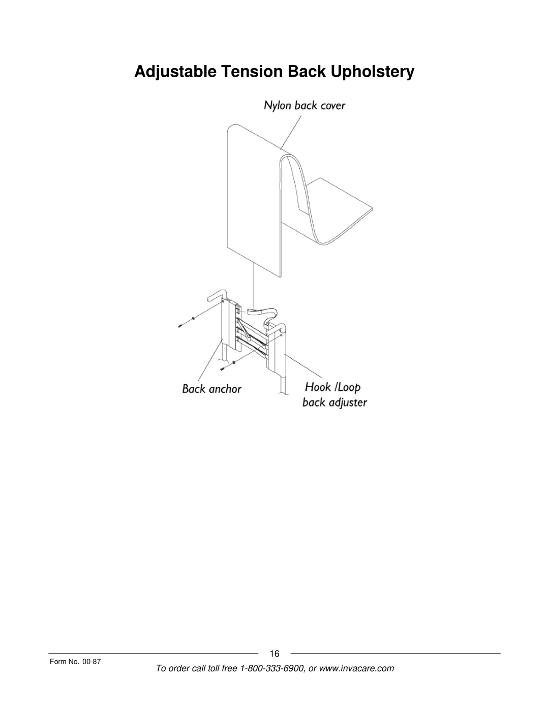 Invacare Spyder manual Adjustable Tension Back Upholstery 