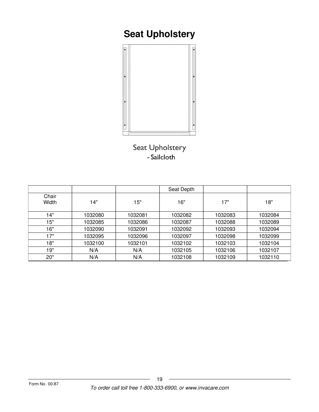 Invacare Spyder manual Seat Upholstery 