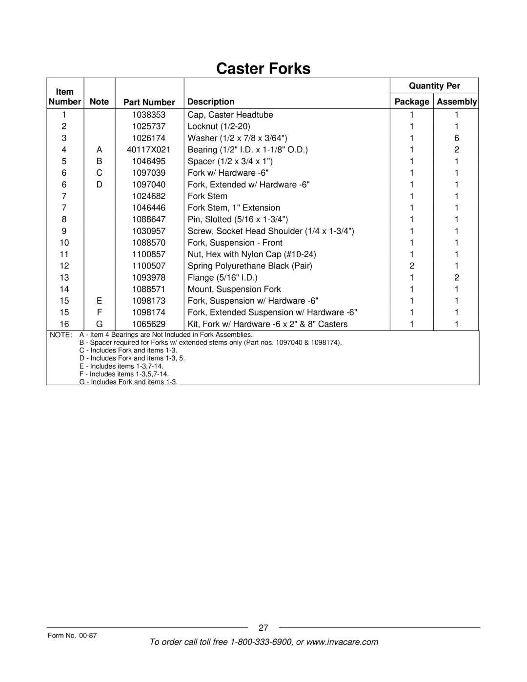 Invacare Spyder manual Bearings are Not Included 