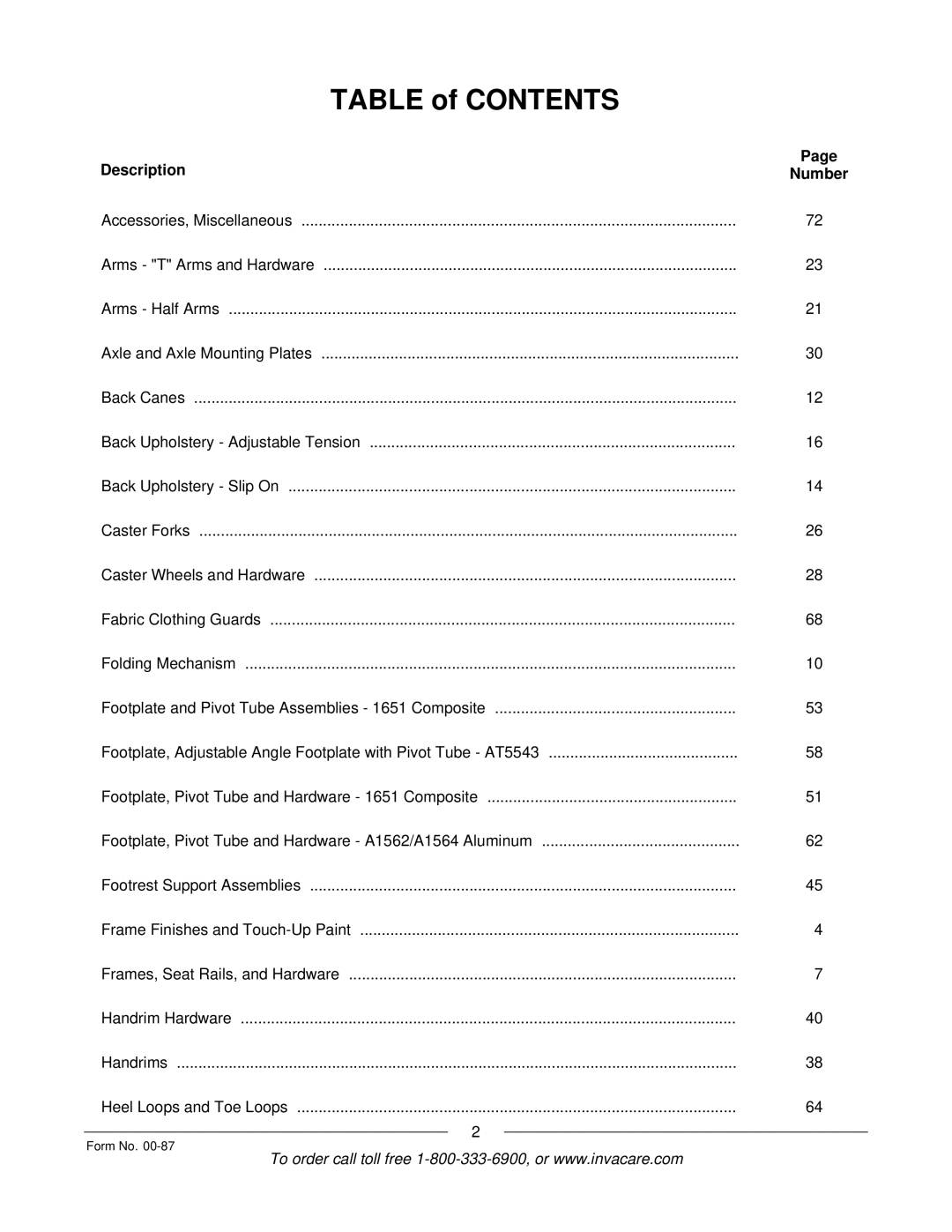 Invacare Spyder manual Table of Contents 