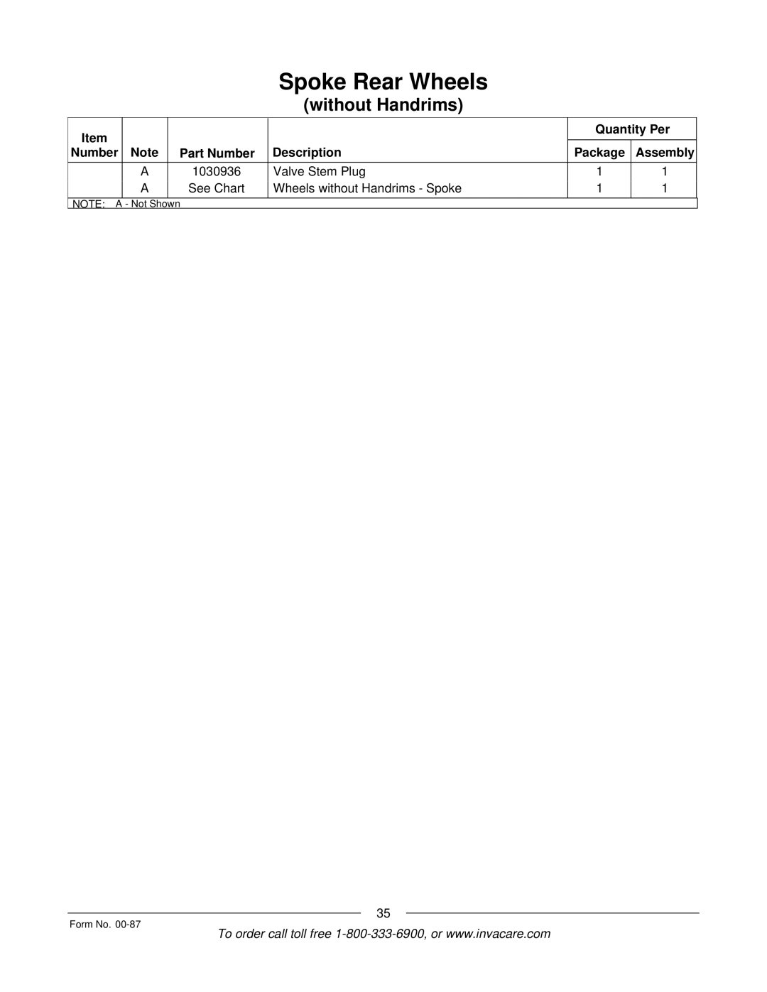 Invacare Spyder manual Quantity Per Number Part Number Description Package Assembly 