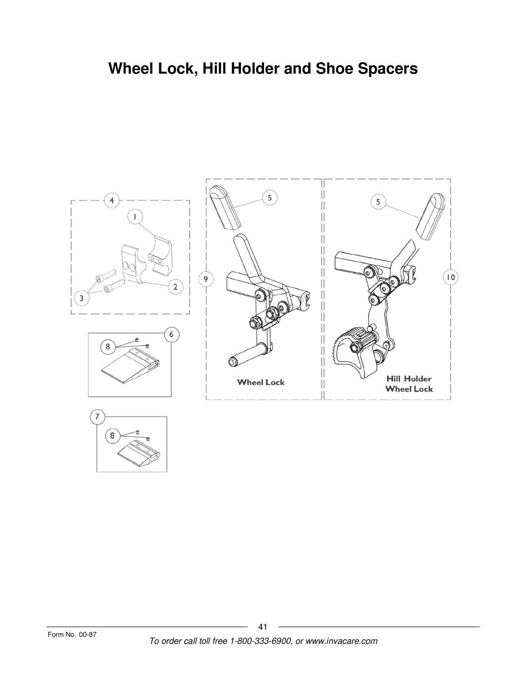 Invacare Spyder manual Wheel Lock, Hill Holder and Shoe Spacers 