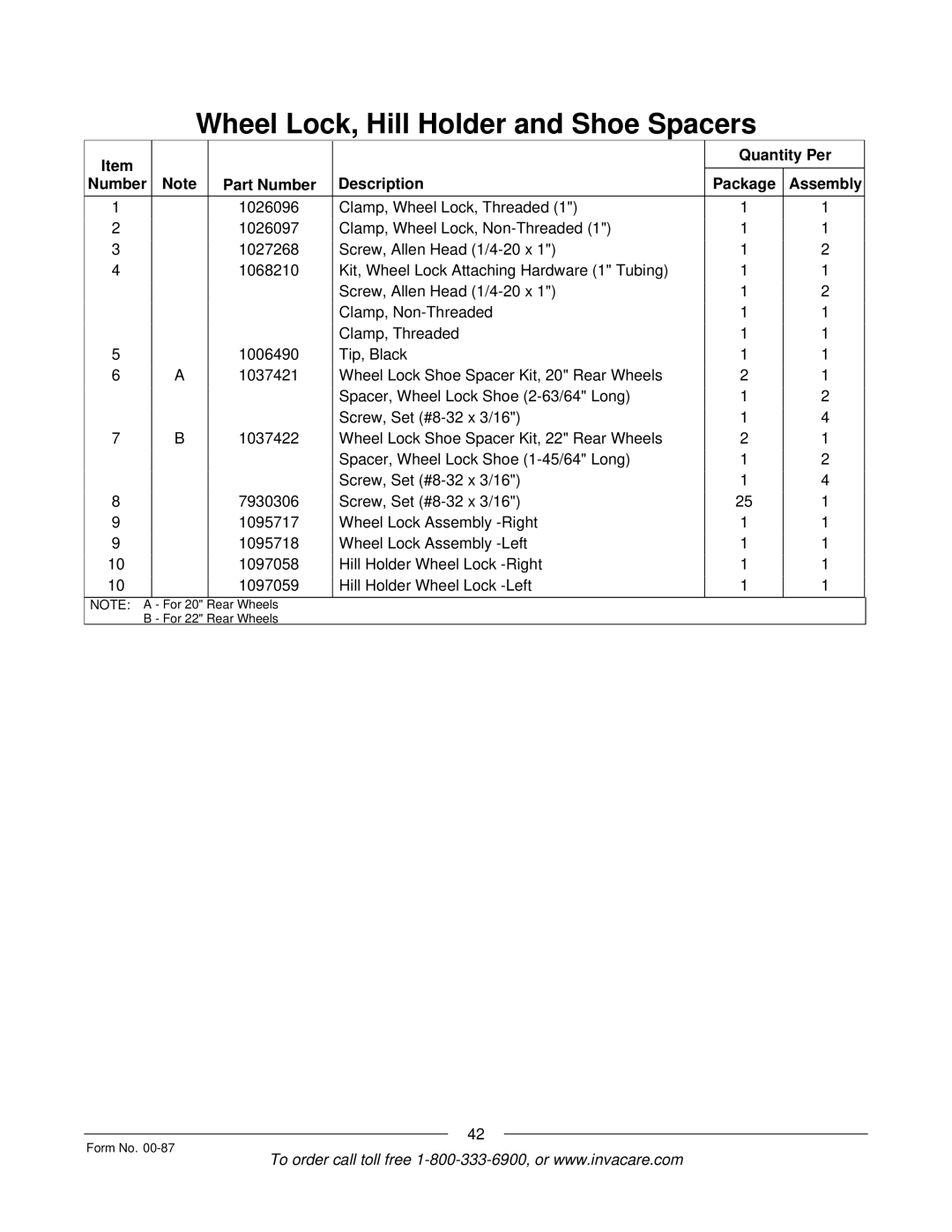 Invacare Spyder manual For Rear Wheels For 22 Rear Wheels Form No 