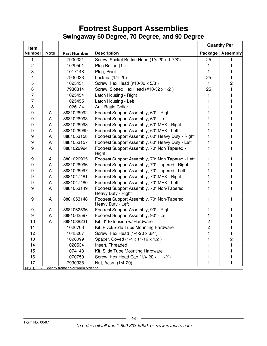 Invacare Spyder manual Frame color when ordering Form No 